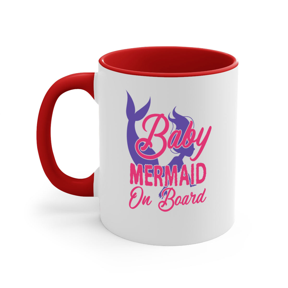 A colorful Baby Mermaid On Board mug with a glossy finish, featuring a mermaid design and a C-shaped handle, available in multiple colors.