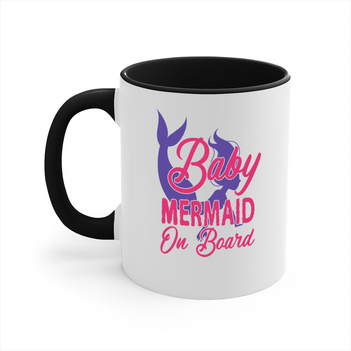 A colorful Baby Mermaid On Board mug with a glossy finish, featuring a mermaid design and a C-shaped handle, available in multiple colors.