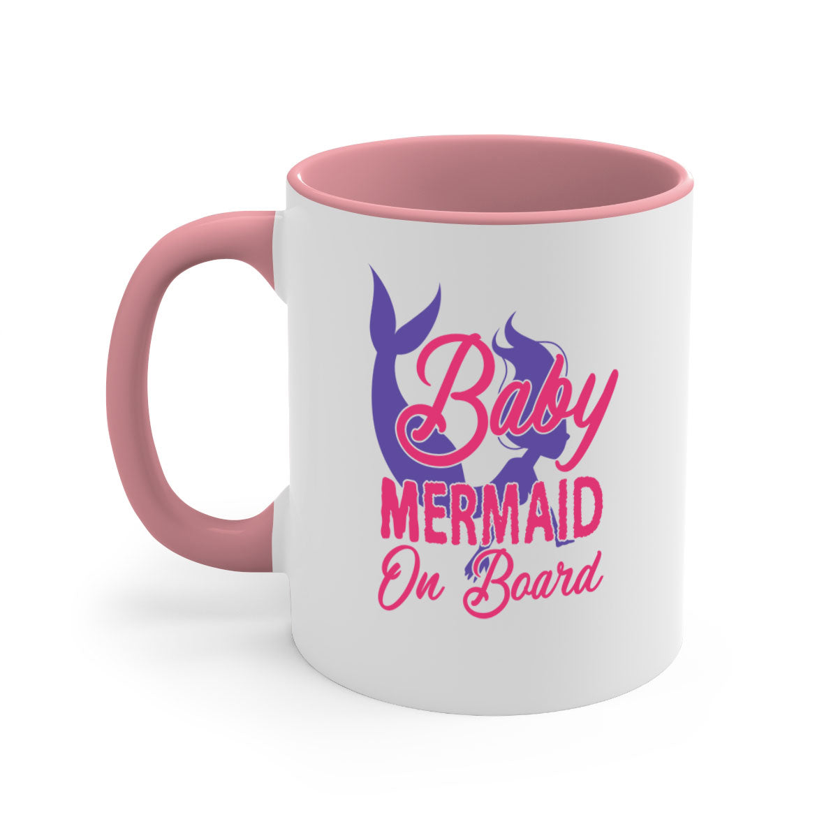 A colorful Baby Mermaid On Board mug with a glossy finish, featuring a mermaid design and a C-shaped handle, available in multiple colors.