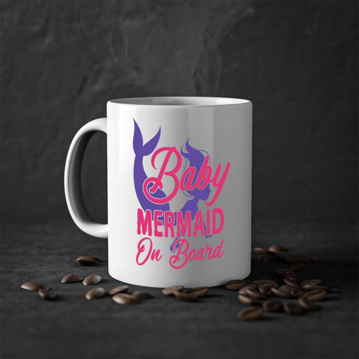 A colorful Baby Mermaid On Board mug with a glossy finish, featuring a mermaid design and a C-shaped handle, available in multiple colors.