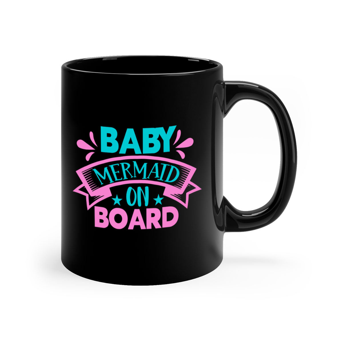 A colorful Baby Mermaid On Board mug with a glossy finish, featuring a mermaid design and a C-shaped handle, available in multiple colors.
