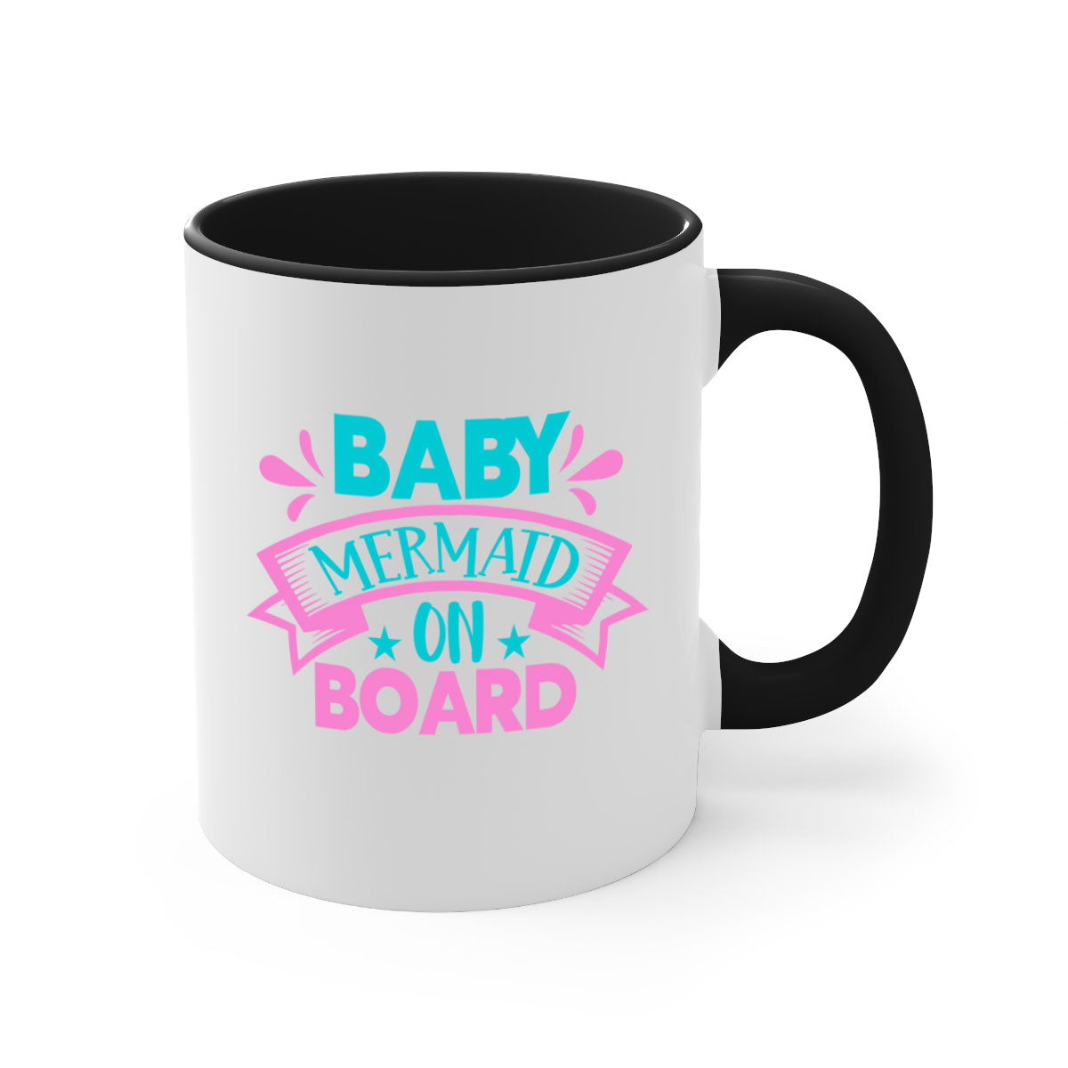 A colorful Baby Mermaid On Board mug with a glossy finish, featuring a mermaid design and a C-shaped handle, available in multiple colors.