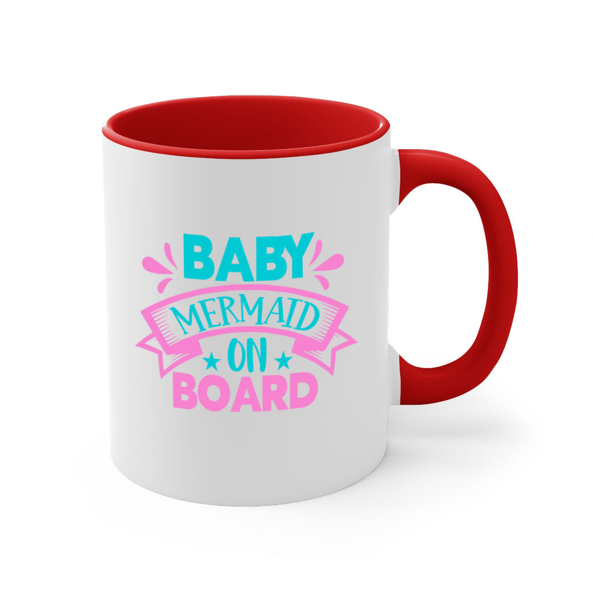 A colorful Baby Mermaid On Board mug with a glossy finish, featuring a mermaid design and a C-shaped handle, available in multiple colors.