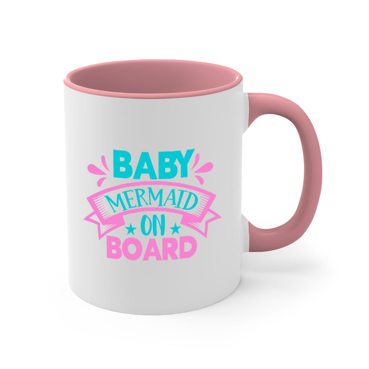 A colorful Baby Mermaid On Board mug with a glossy finish, featuring a mermaid design and a C-shaped handle, available in multiple colors.
