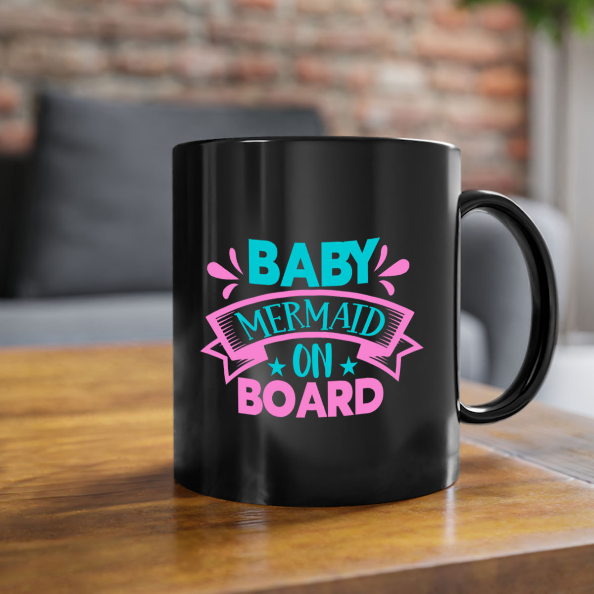 A colorful Baby Mermaid On Board mug with a glossy finish, featuring a mermaid design and a C-shaped handle, available in multiple colors.