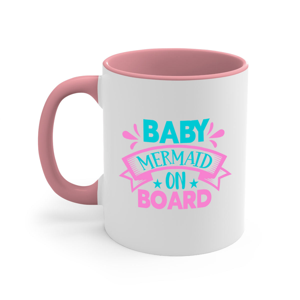 A colorful Baby Mermaid On Board mug with a glossy finish, featuring a mermaid design and a C-shaped handle, available in multiple colors.