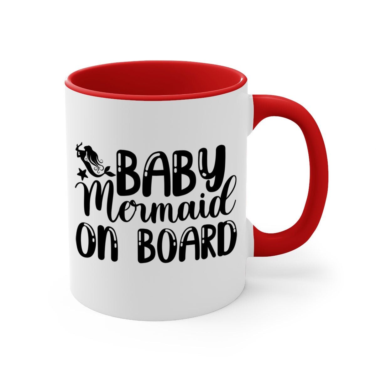 A colorful Baby Mermaid on Board mug with a glossy finish, featuring a mermaid design and a C-shaped handle, available in multiple colors.
