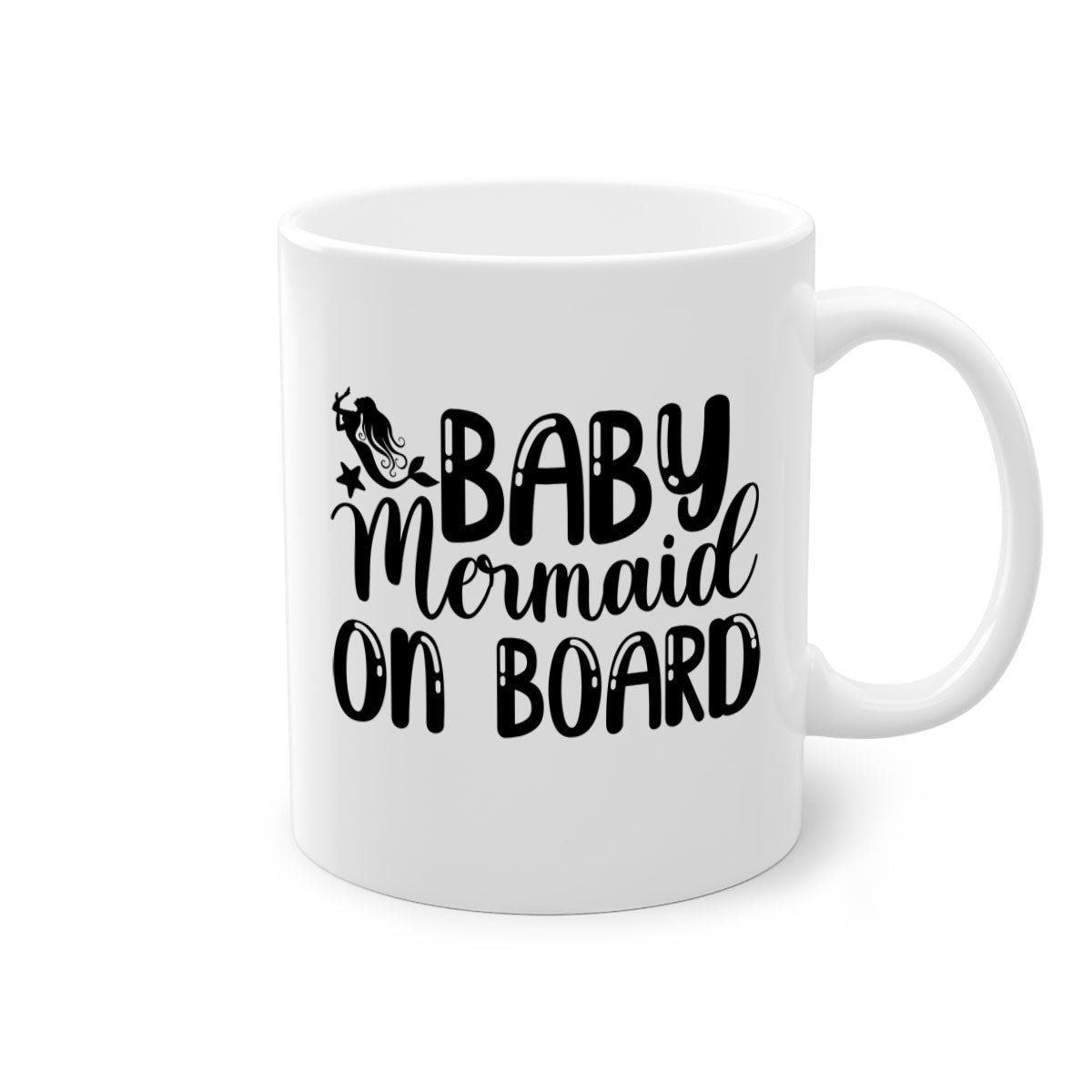 A colorful Baby Mermaid on Board mug with a glossy finish, featuring a mermaid design and a C-shaped handle, available in multiple colors.