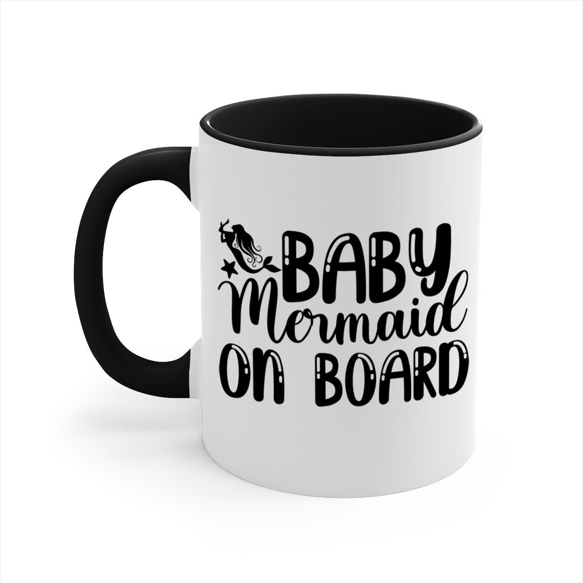 A colorful Baby Mermaid on Board mug with a glossy finish, featuring a mermaid design and a C-shaped handle, available in multiple colors.