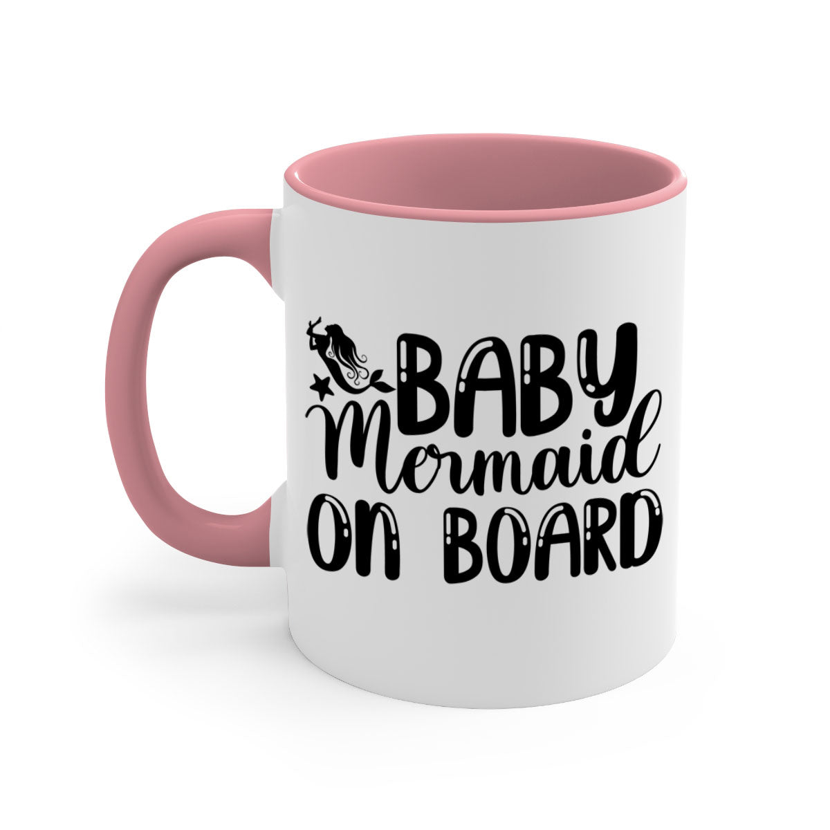 A colorful Baby Mermaid on Board mug with a glossy finish, featuring a mermaid design and a C-shaped handle, available in multiple colors.