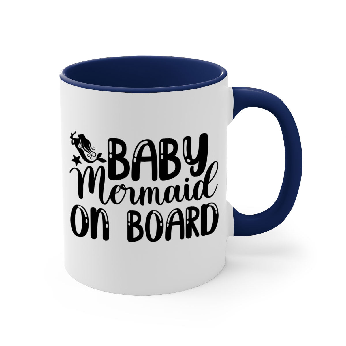 A colorful Baby Mermaid on Board mug with a glossy finish, featuring a mermaid design and a C-shaped handle, available in multiple colors.