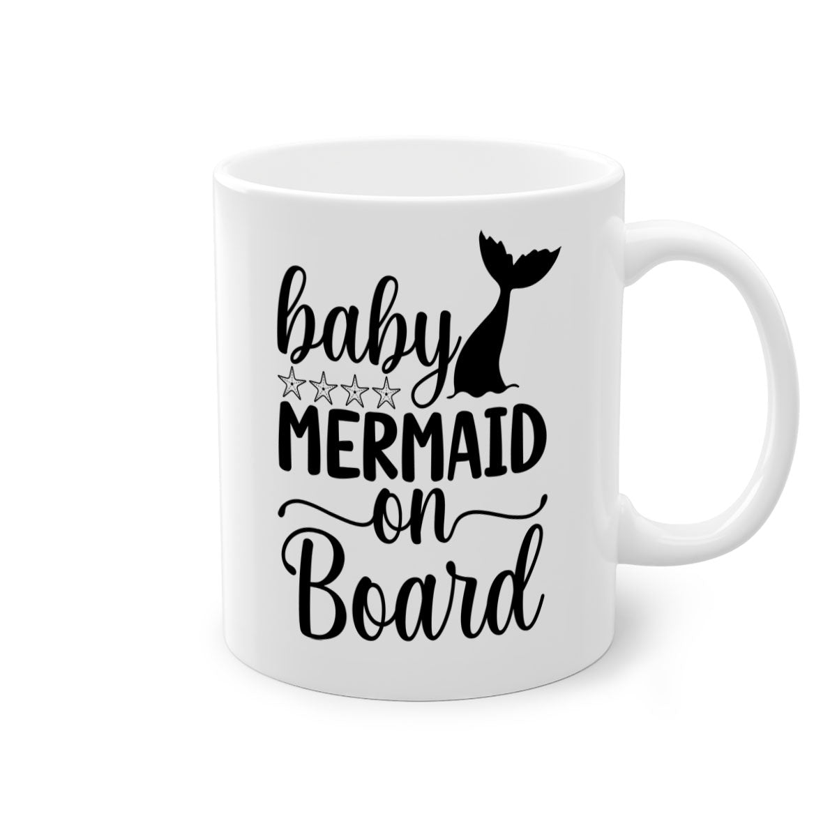 A colorful Baby Mermaid on Board Mug with a glossy finish, featuring a whimsical mermaid design and a comfortable C-shaped handle.