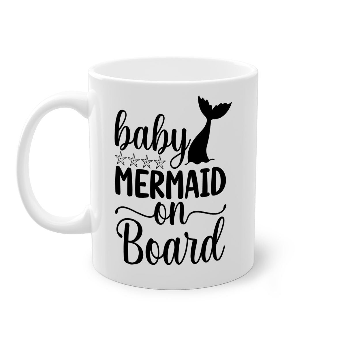 A colorful Baby Mermaid on Board Mug with a glossy finish, featuring a whimsical mermaid design and a comfortable C-shaped handle.