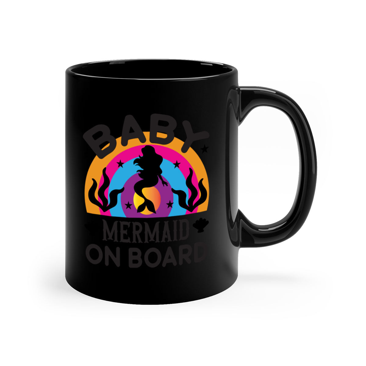 A colorful Baby Mermaid on Board Mug featuring a glossy finish and a C-shaped handle, available in multiple colors.