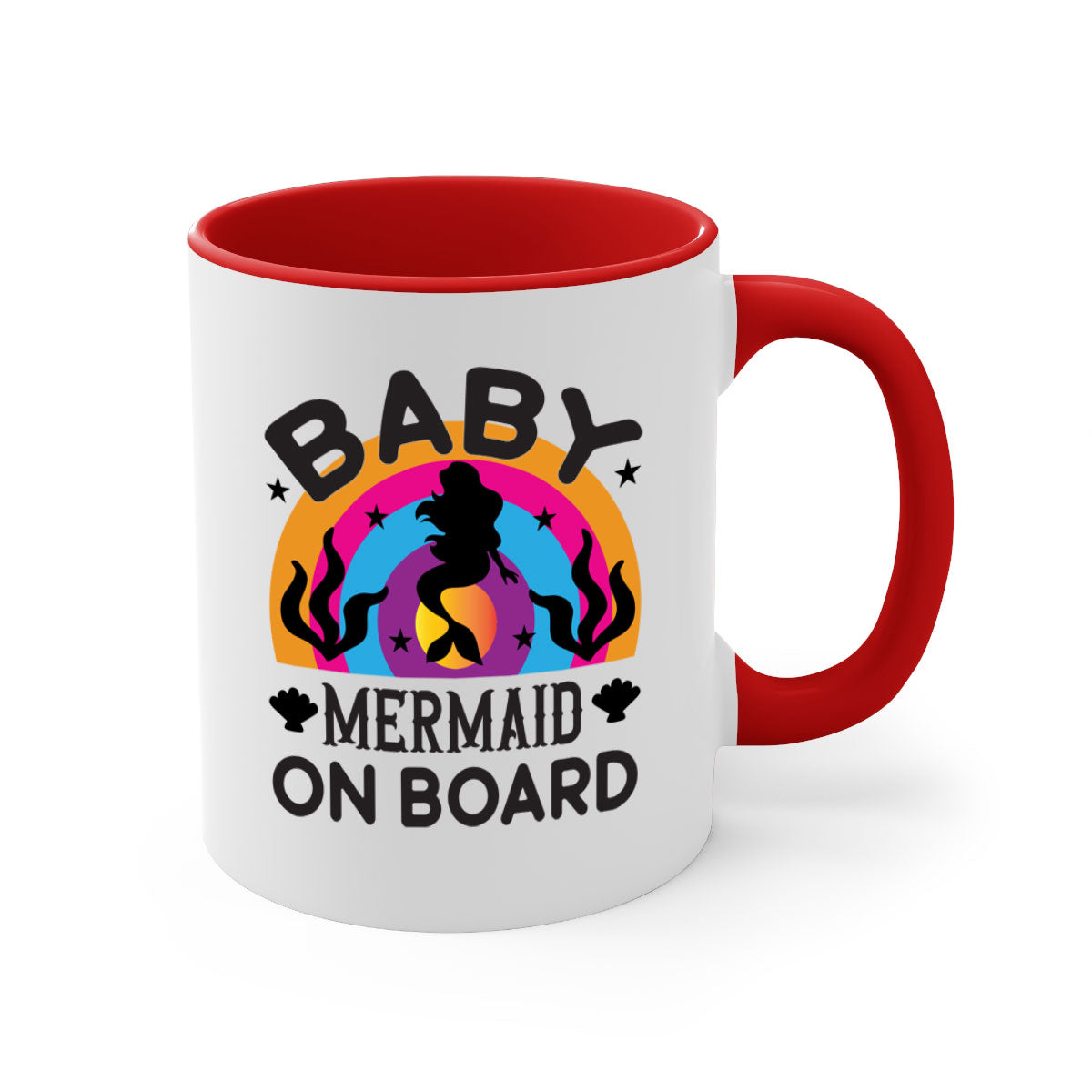 A colorful Baby Mermaid on Board Mug featuring a glossy finish and a C-shaped handle, available in multiple colors.