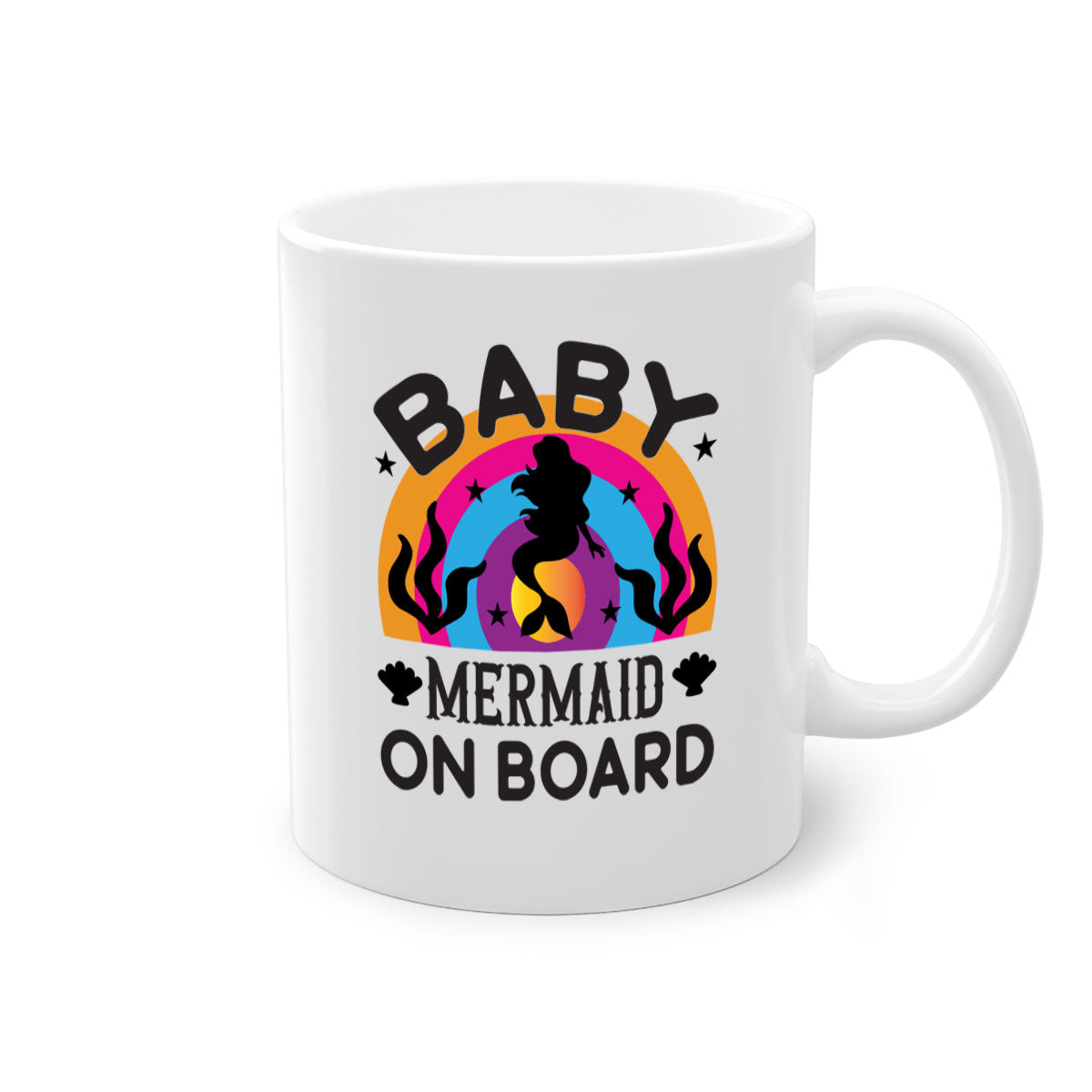 A colorful Baby Mermaid on Board Mug featuring a glossy finish and a C-shaped handle, available in multiple colors.