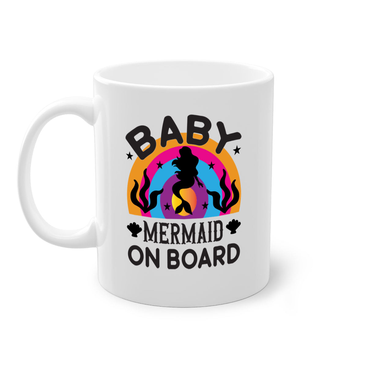 A colorful Baby Mermaid on Board Mug featuring a glossy finish and a C-shaped handle, available in multiple colors.