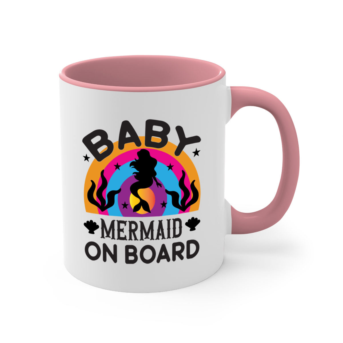 A colorful Baby Mermaid on Board Mug featuring a glossy finish and a C-shaped handle, available in multiple colors.