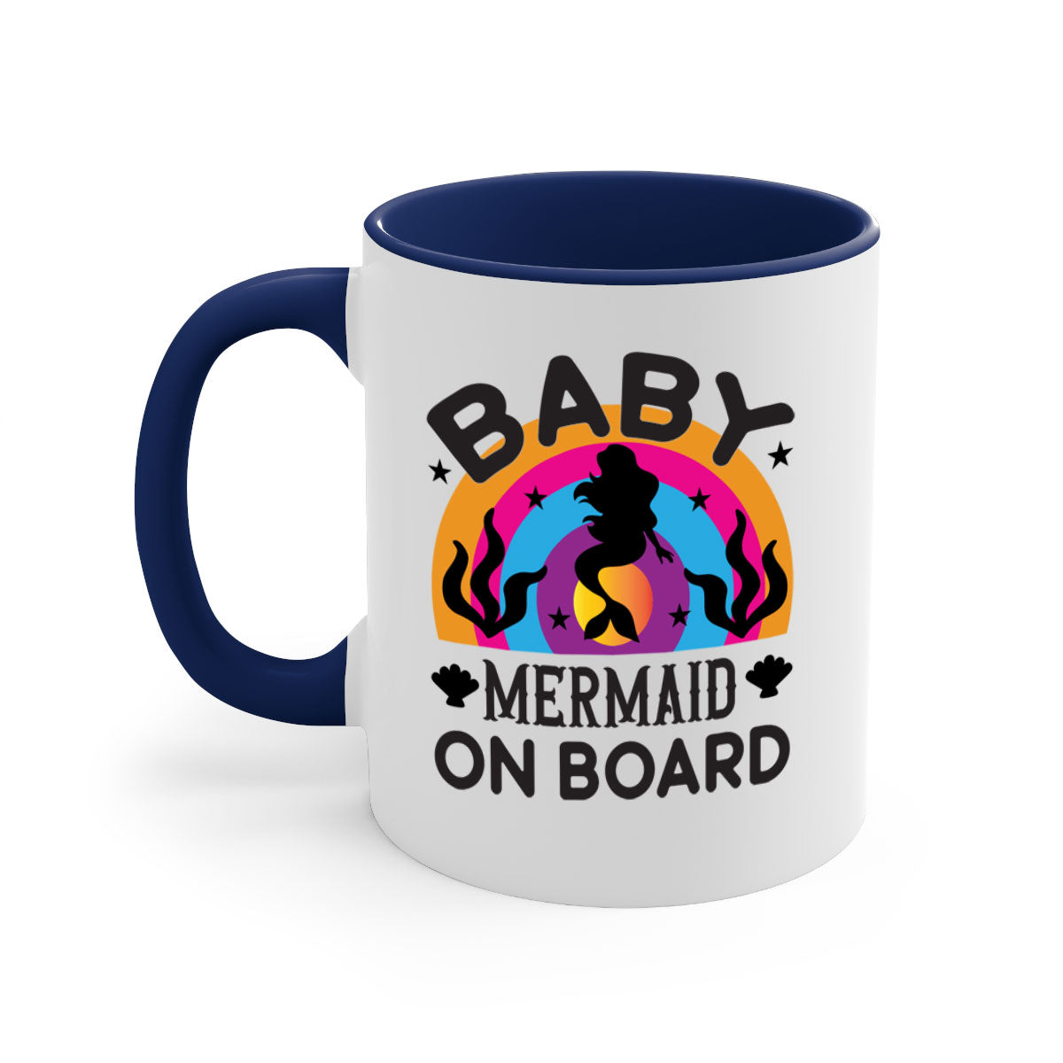 A colorful Baby Mermaid on Board Mug featuring a glossy finish and a C-shaped handle, available in multiple colors.