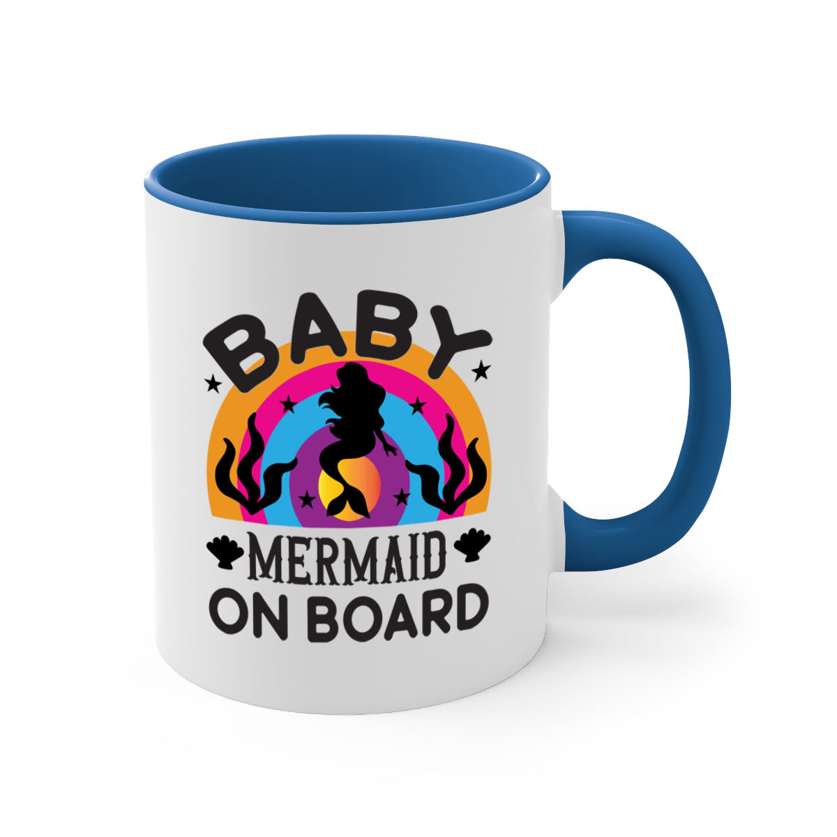 A colorful Baby Mermaid on Board Mug featuring a glossy finish and a C-shaped handle, available in multiple colors.