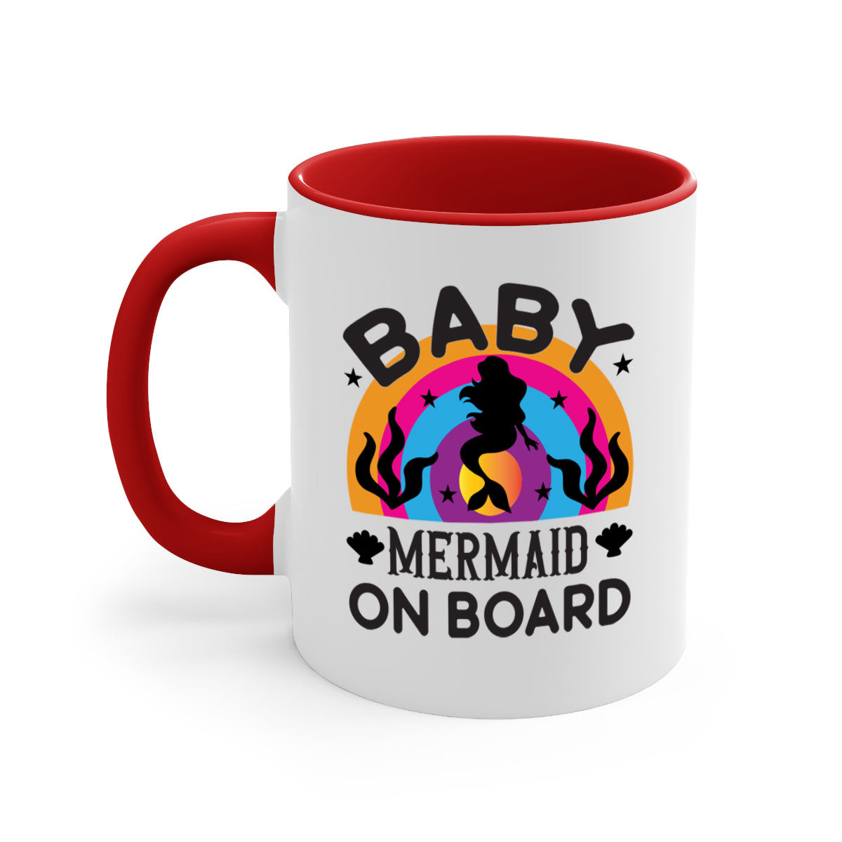 A colorful Baby Mermaid on Board Mug featuring a glossy finish and a C-shaped handle, available in multiple colors.