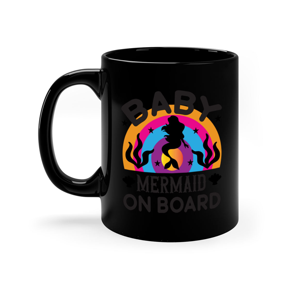 A colorful Baby Mermaid on Board Mug featuring a glossy finish and a C-shaped handle, available in multiple colors.