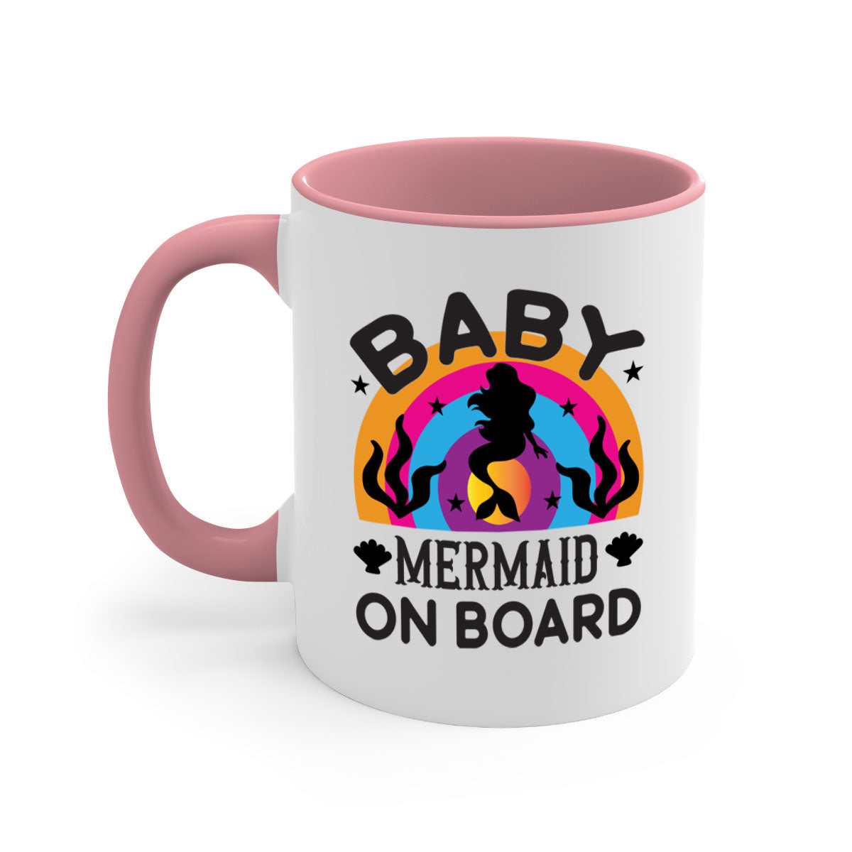 A colorful Baby Mermaid on Board Mug featuring a glossy finish and a C-shaped handle, available in multiple colors.