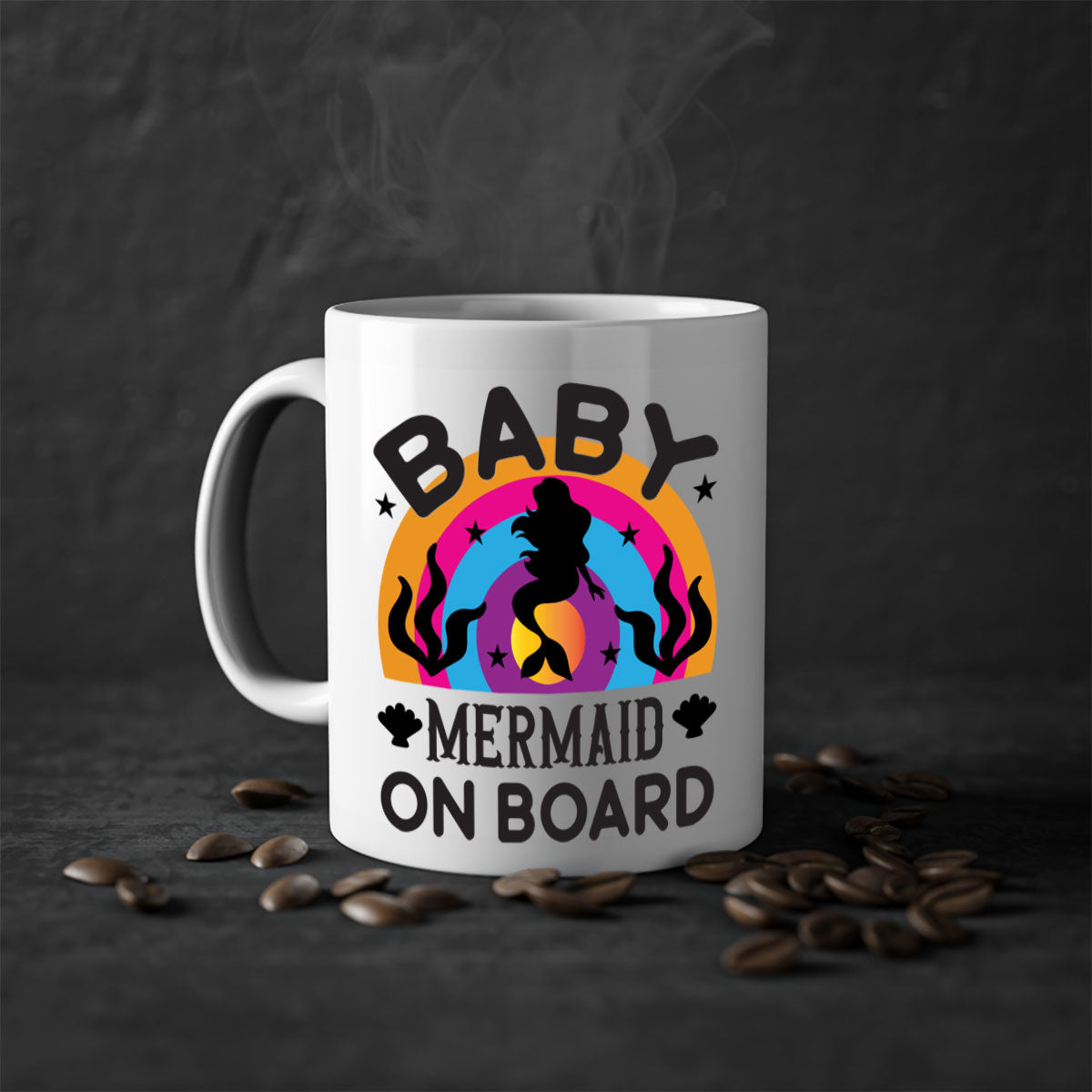 A colorful Baby Mermaid on Board Mug featuring a glossy finish and a C-shaped handle, available in multiple colors.