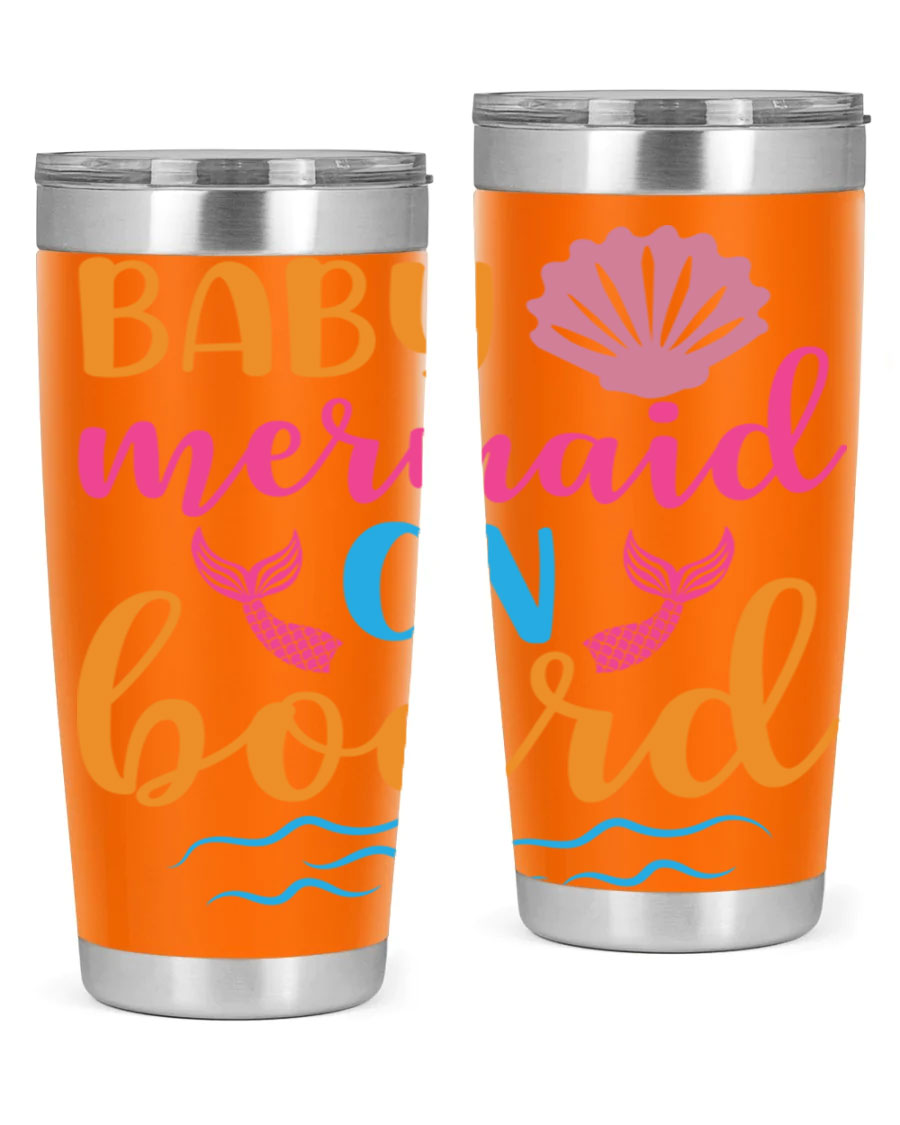 A vibrant Baby Mermaid On Board 20oz tumbler featuring a whimsical mermaid design, made of stainless steel with a drink-thru lid.