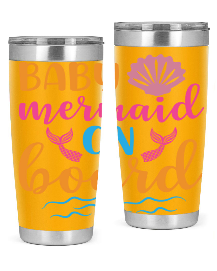 A vibrant Baby Mermaid On Board 20oz tumbler featuring a whimsical mermaid design, made of stainless steel with a drink-thru lid.