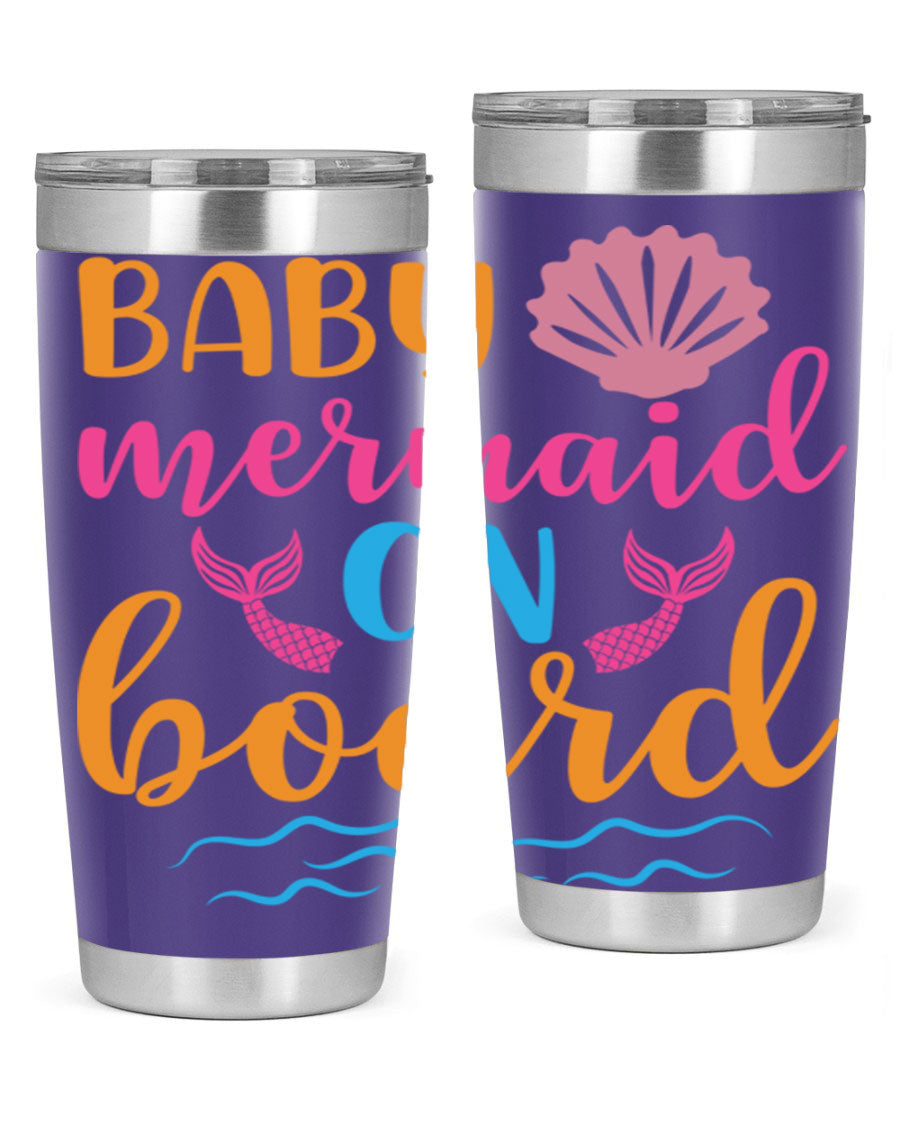 A vibrant Baby Mermaid On Board 20oz tumbler featuring a whimsical mermaid design, made of stainless steel with a drink-thru lid.