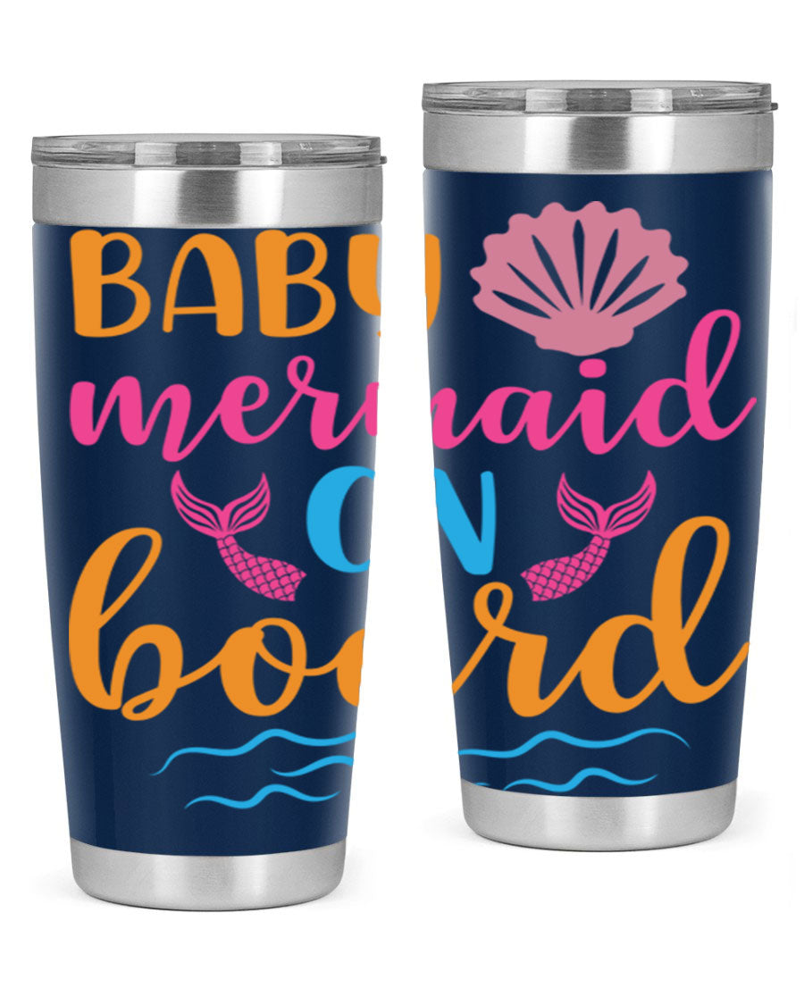 A vibrant Baby Mermaid On Board 20oz tumbler featuring a whimsical mermaid design, made of stainless steel with a drink-thru lid.