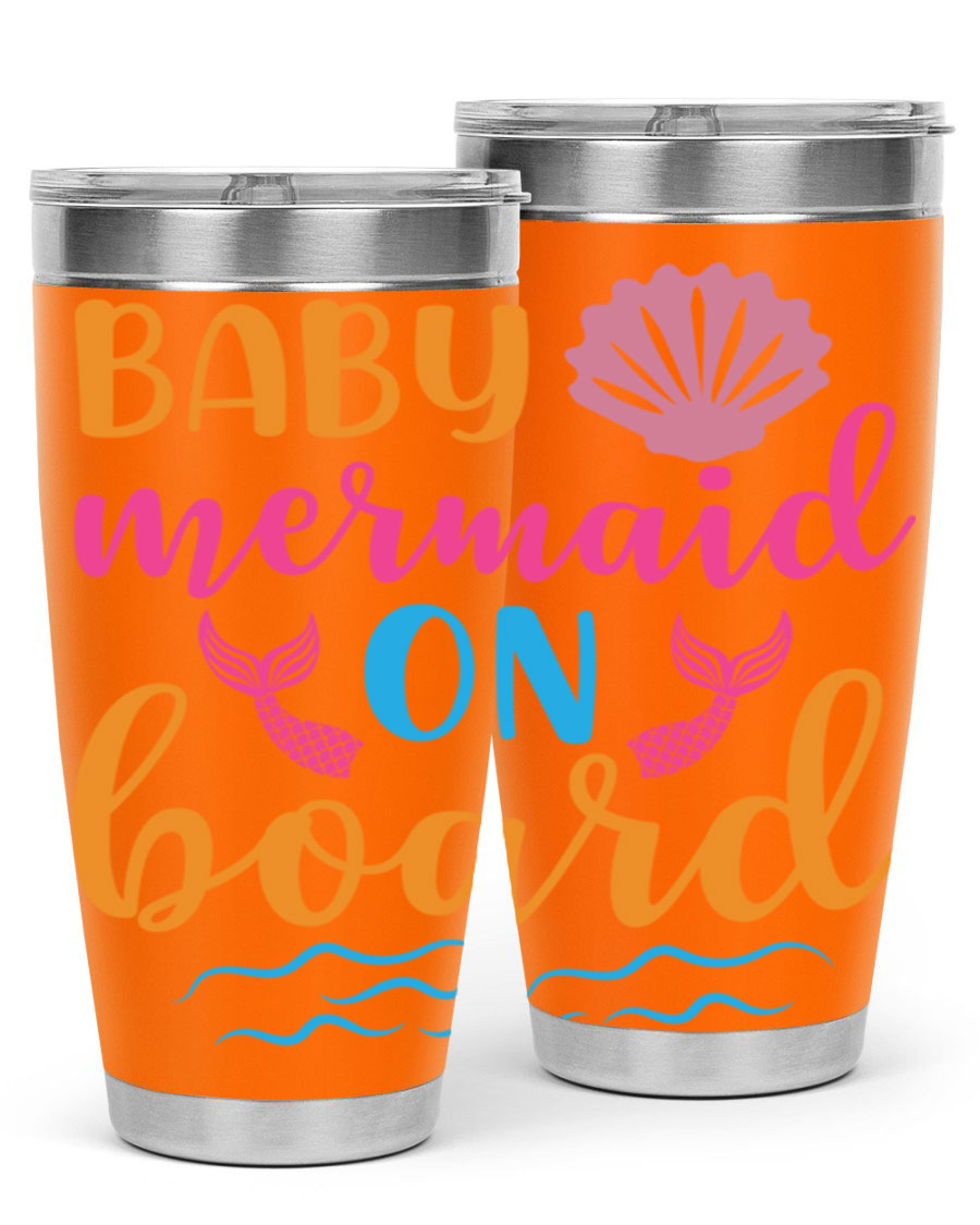 A vibrant Baby Mermaid On Board 20oz tumbler featuring a whimsical mermaid design, made of stainless steel with a drink-thru lid.