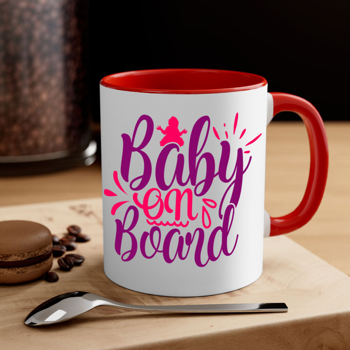 Baby On Board Style 289# Mug with two-tone design, featuring a colored handle and glossy finish, available in multiple colors.