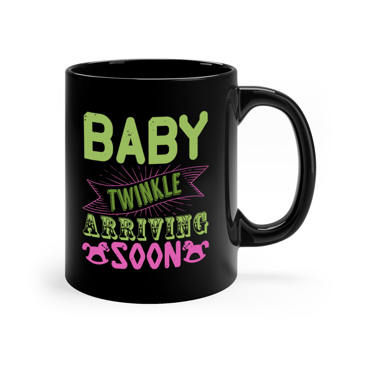 Baby Twinkle arriving soon Style 293# Mug with colorful handle and interior, showcasing glossy finish and ergonomic design.