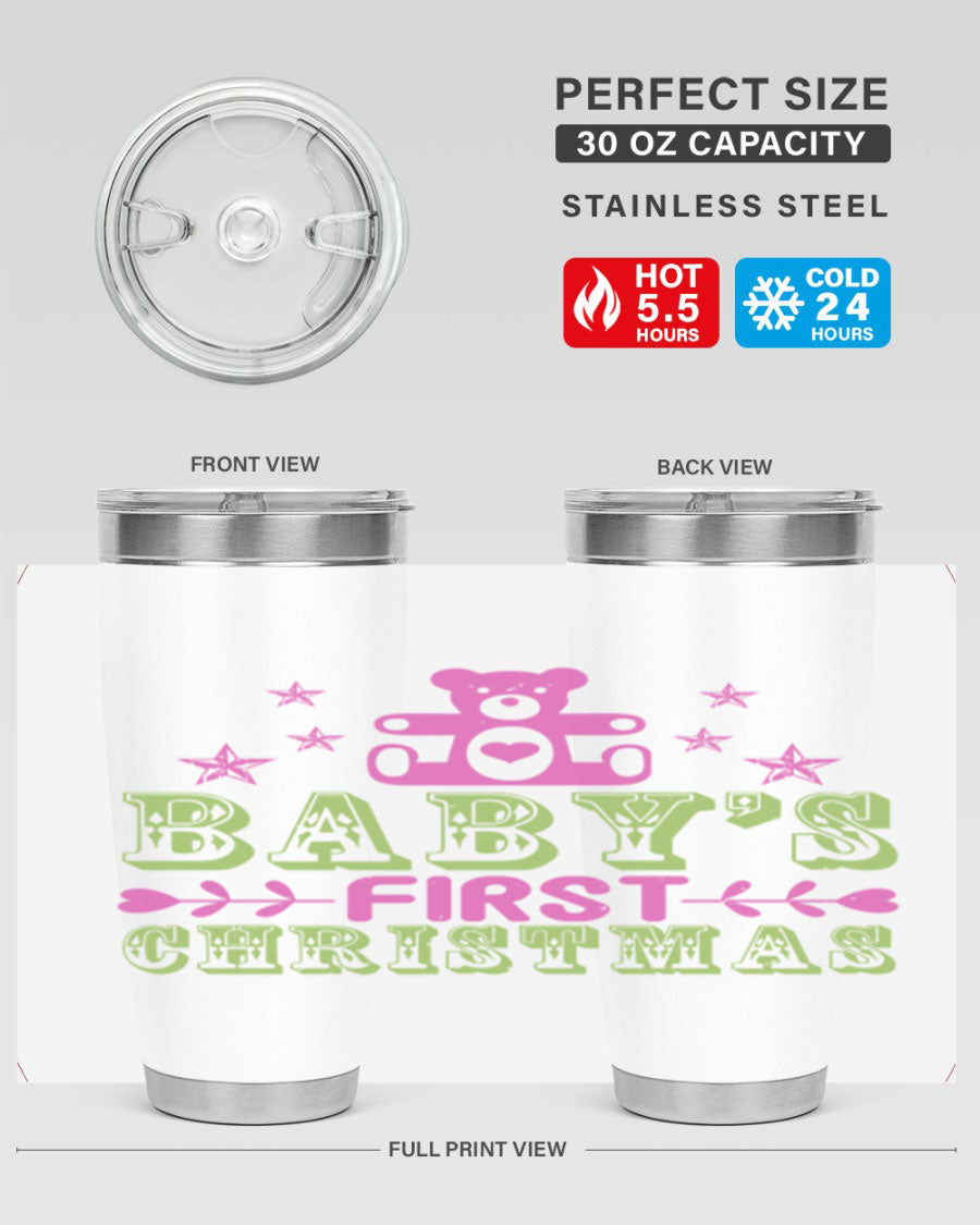 Baby's First Christmas Style 292# 20oz tumbler featuring double wall vacuum stainless steel design with festive print.