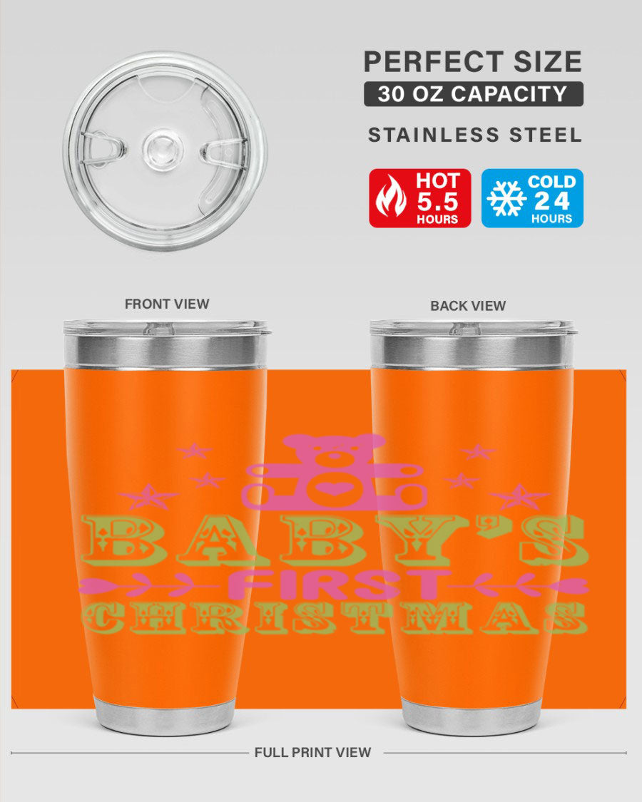Baby's First Christmas Style 292# 20oz tumbler featuring double wall vacuum stainless steel design with festive print.