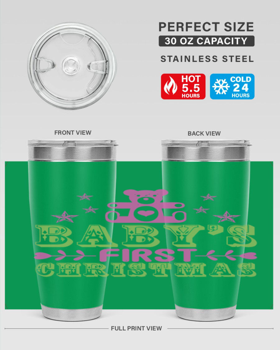 Baby's First Christmas Style 292# 20oz tumbler featuring double wall vacuum stainless steel design with festive print.