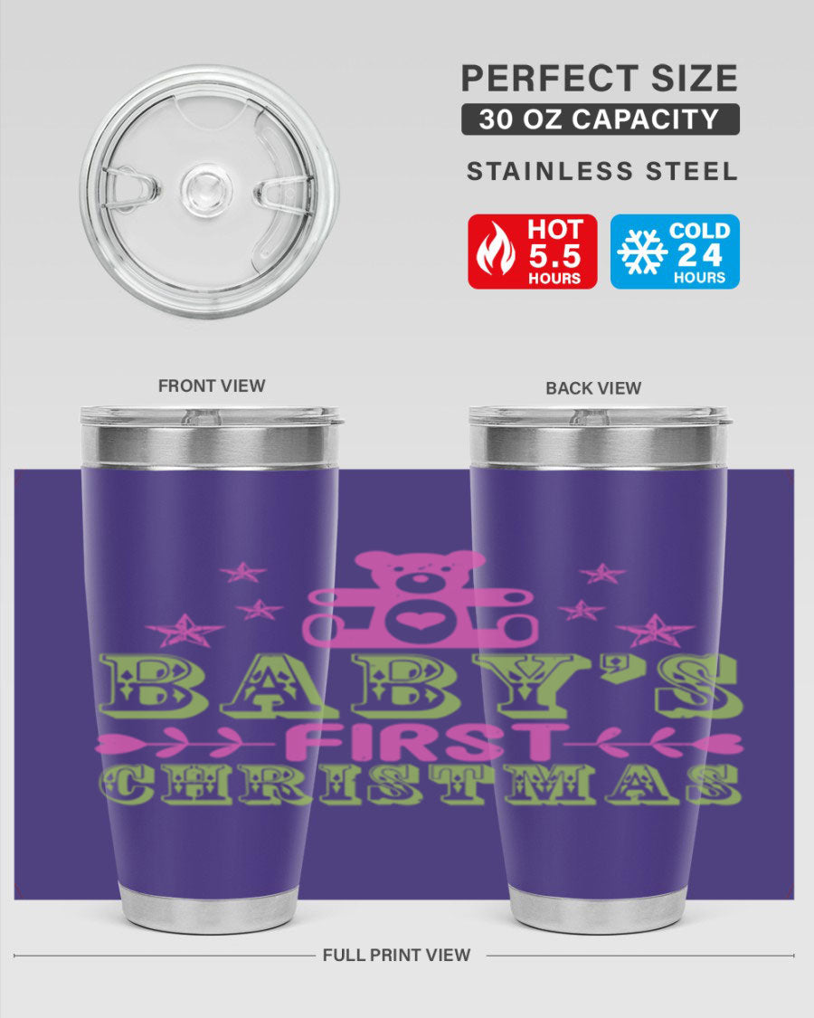Baby's First Christmas Style 292# 20oz tumbler featuring double wall vacuum stainless steel design with festive print.