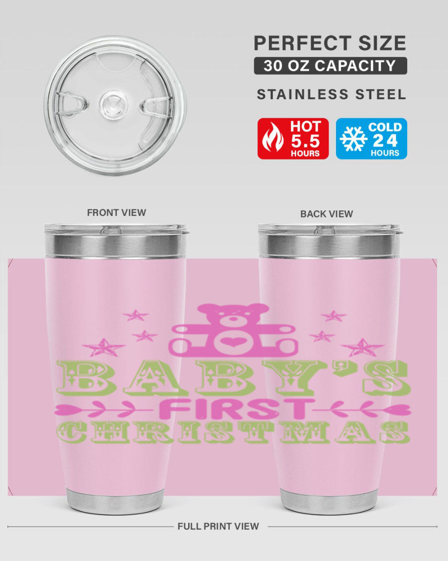 Baby's First Christmas Style 292# 20oz tumbler featuring double wall vacuum stainless steel design with festive print.