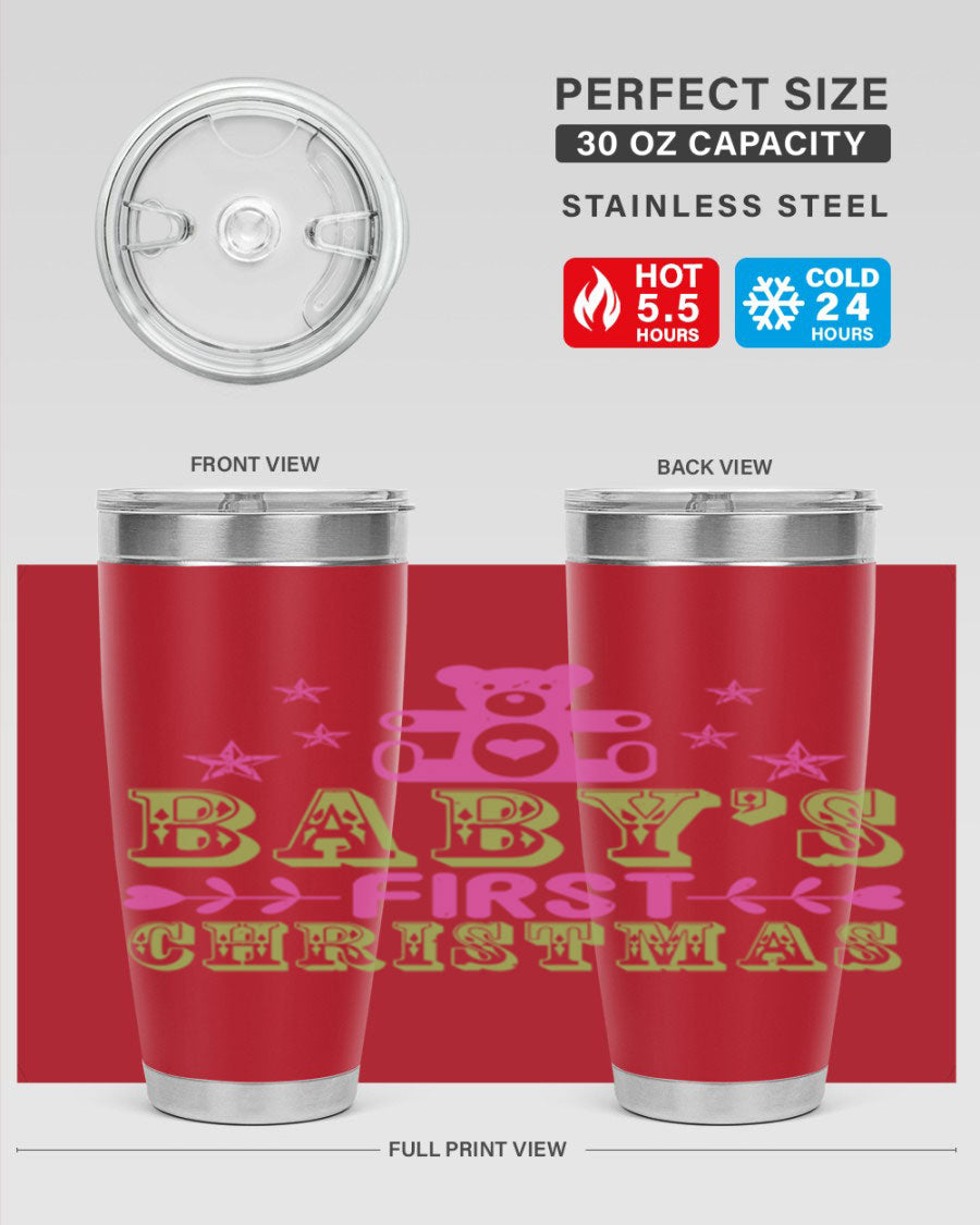 Baby's First Christmas Style 292# 20oz tumbler featuring double wall vacuum stainless steel design with festive print.