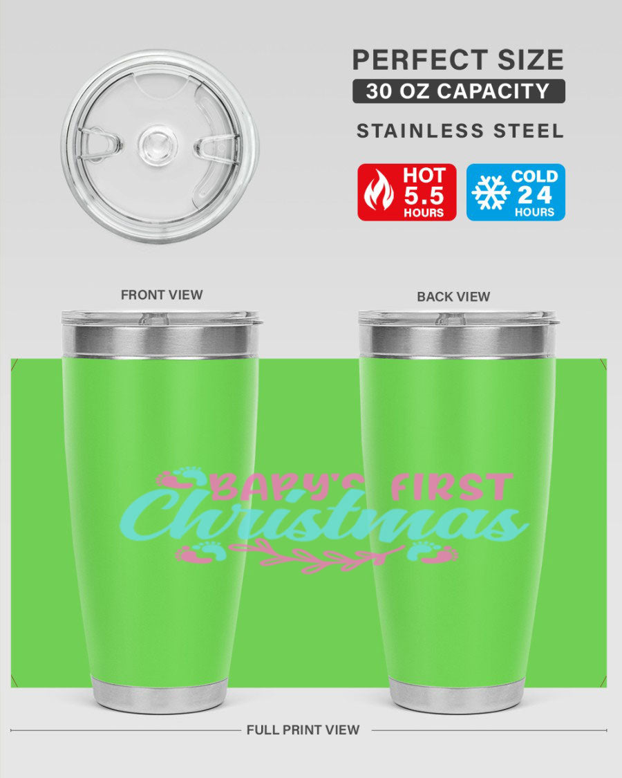 Baby's First Christmas 20oz tumbler featuring double wall vacuum insulation and a festive design, perfect for keeping drinks hot or cold.