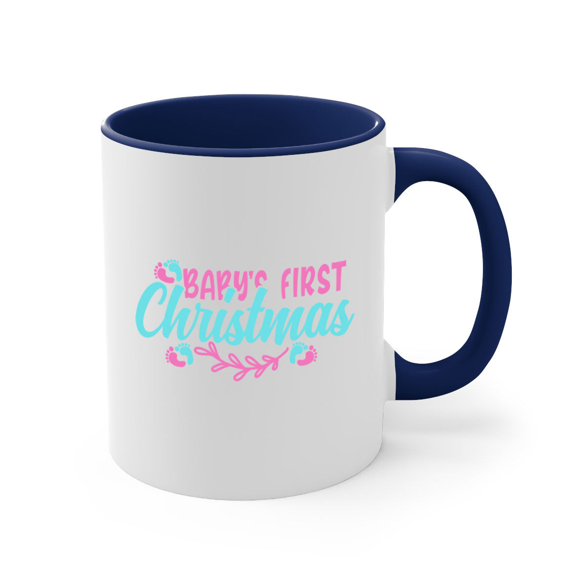 A stylish two-tone Baby's First Christmas mug with a glossy finish, featuring a colored handle and interior, perfect for coffee or tea.