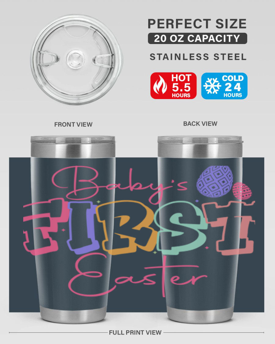 Baby's First Easter 20oz tumbler featuring double wall vacuum stainless steel design with a colorful Easter-themed print.