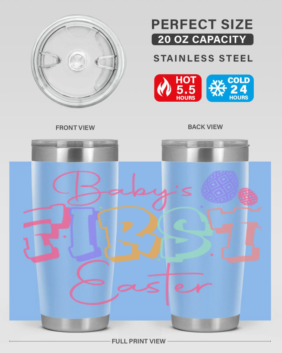 Baby's First Easter 20oz tumbler featuring double wall vacuum stainless steel design with a colorful Easter-themed print.