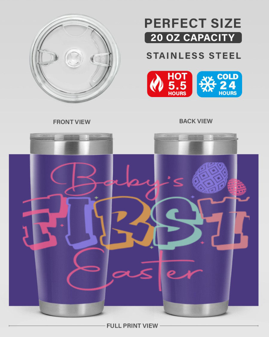 Baby's First Easter 20oz tumbler featuring double wall vacuum stainless steel design with a colorful Easter-themed print.