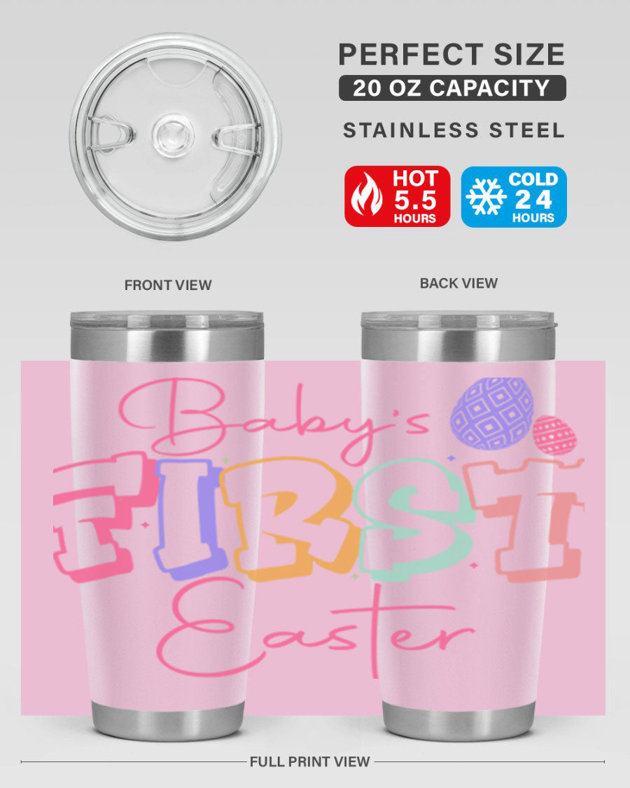 Baby's First Easter 20oz tumbler featuring double wall vacuum stainless steel design with a colorful Easter-themed print.