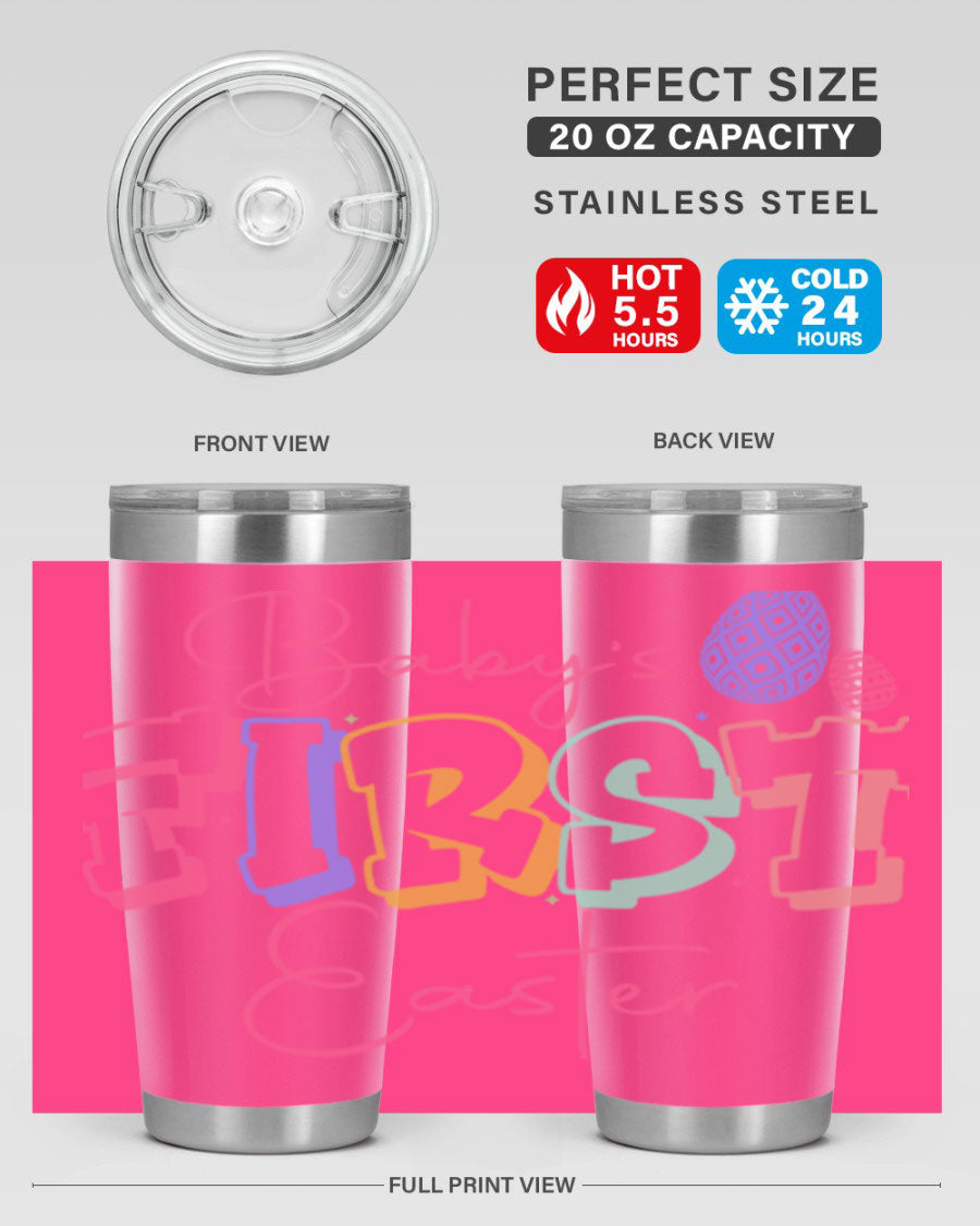 Baby's First Easter 20oz tumbler featuring double wall vacuum stainless steel design with a colorful Easter-themed print.