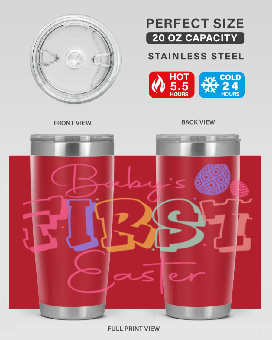 Baby's First Easter 20oz tumbler featuring double wall vacuum stainless steel design with a colorful Easter-themed print.