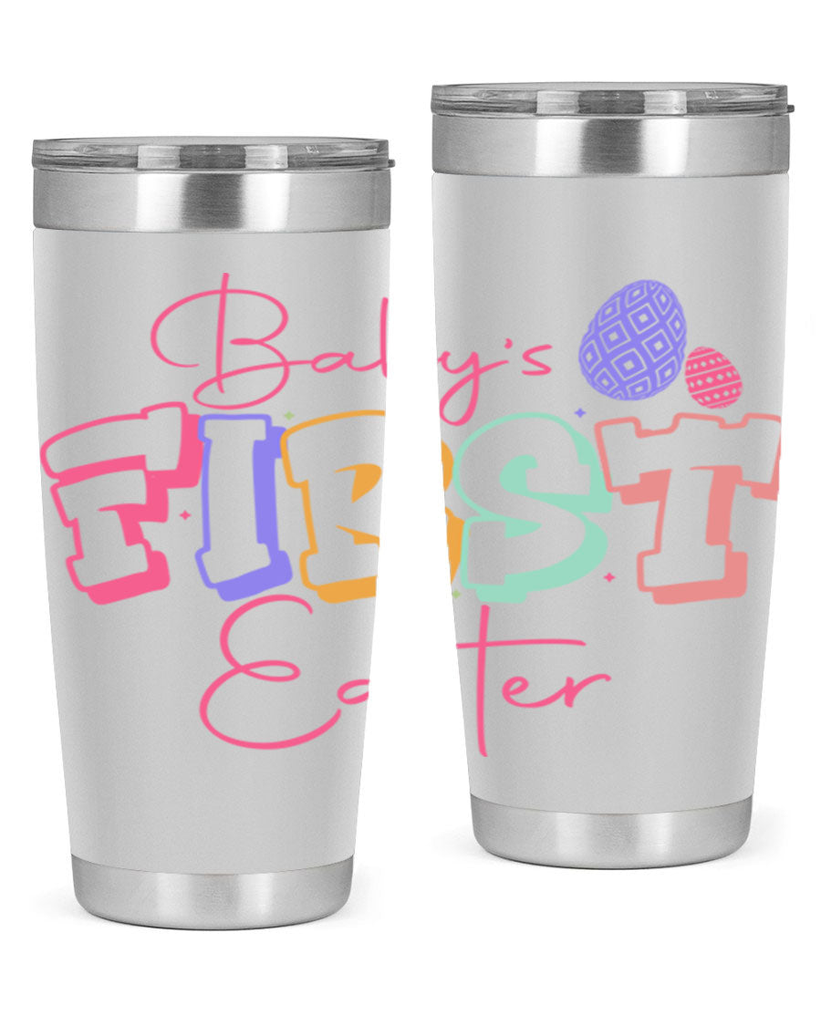 Baby's First Easter 20oz tumbler featuring double wall vacuum stainless steel design with a colorful Easter-themed print.